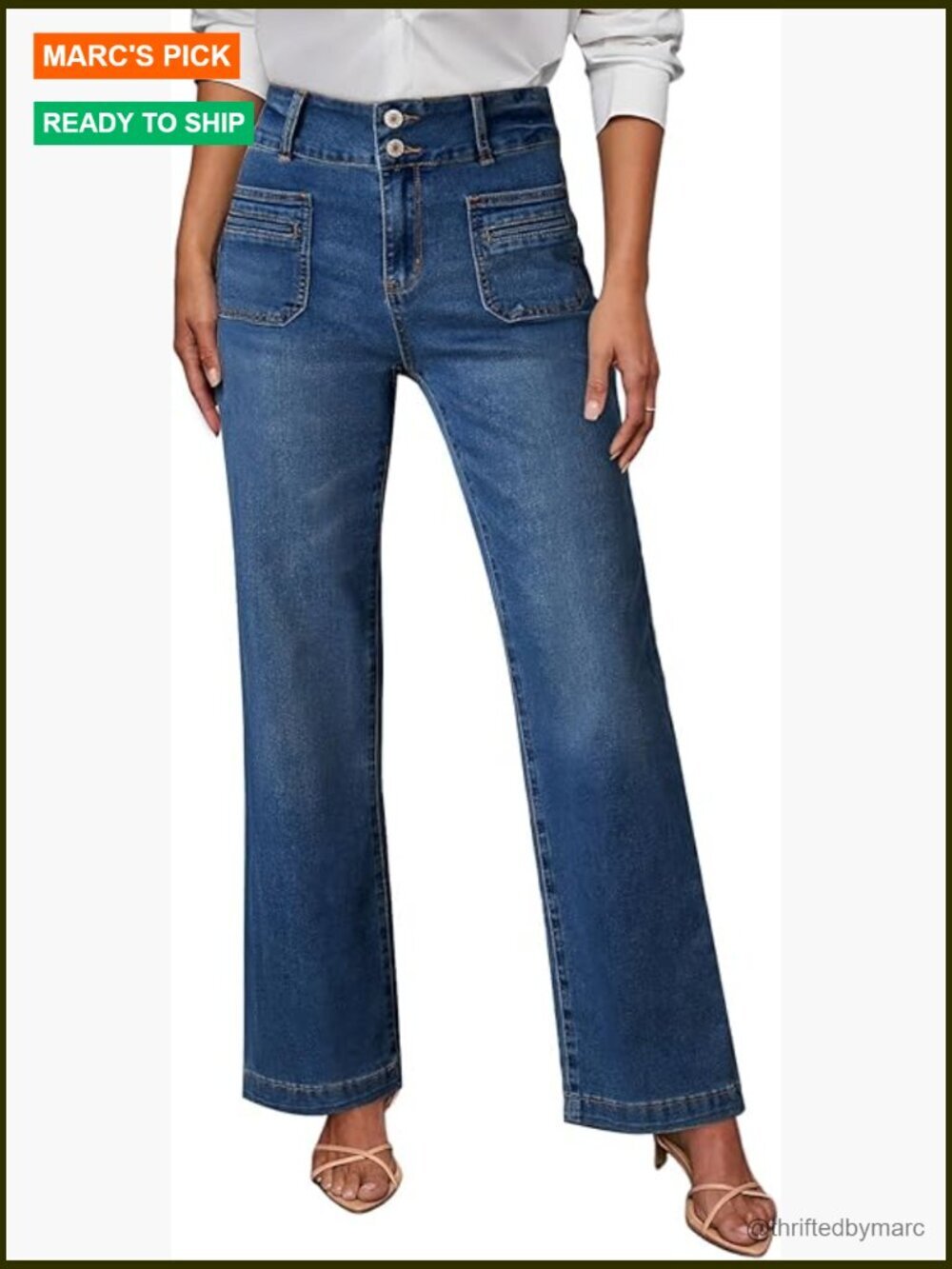 High Waist Wide Leg Jeans Tummy Control Stretchy Fabric Front Pockets